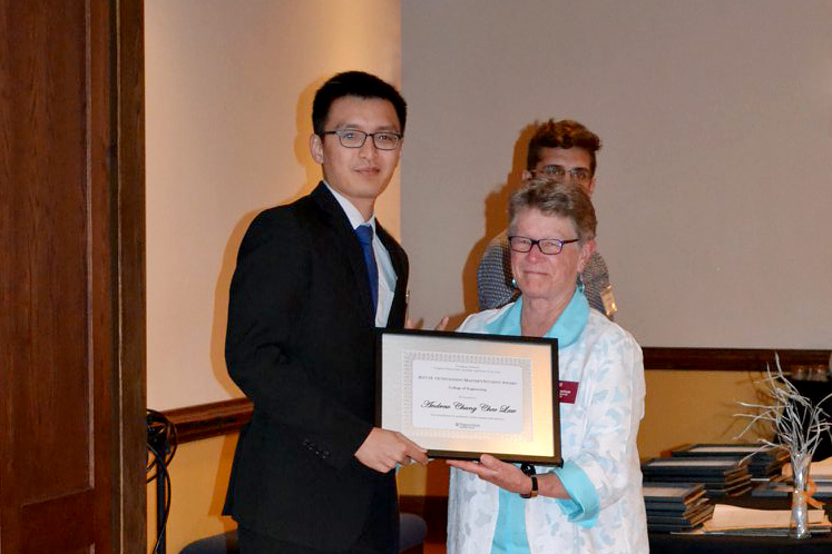 ISE M.S. student Andrew Law received the 2018 Outstanding Master’s Student of the College of Engineeringfrom Graduate School Dean Karen DePauw at the Graduate Education Week awards banquet on March 29, 2018. ISE M.S. student Andrew Law (left) received the 2018 Outstanding Master’s Student of the College of Engineering from Graduate School Dean Karen DePauw.