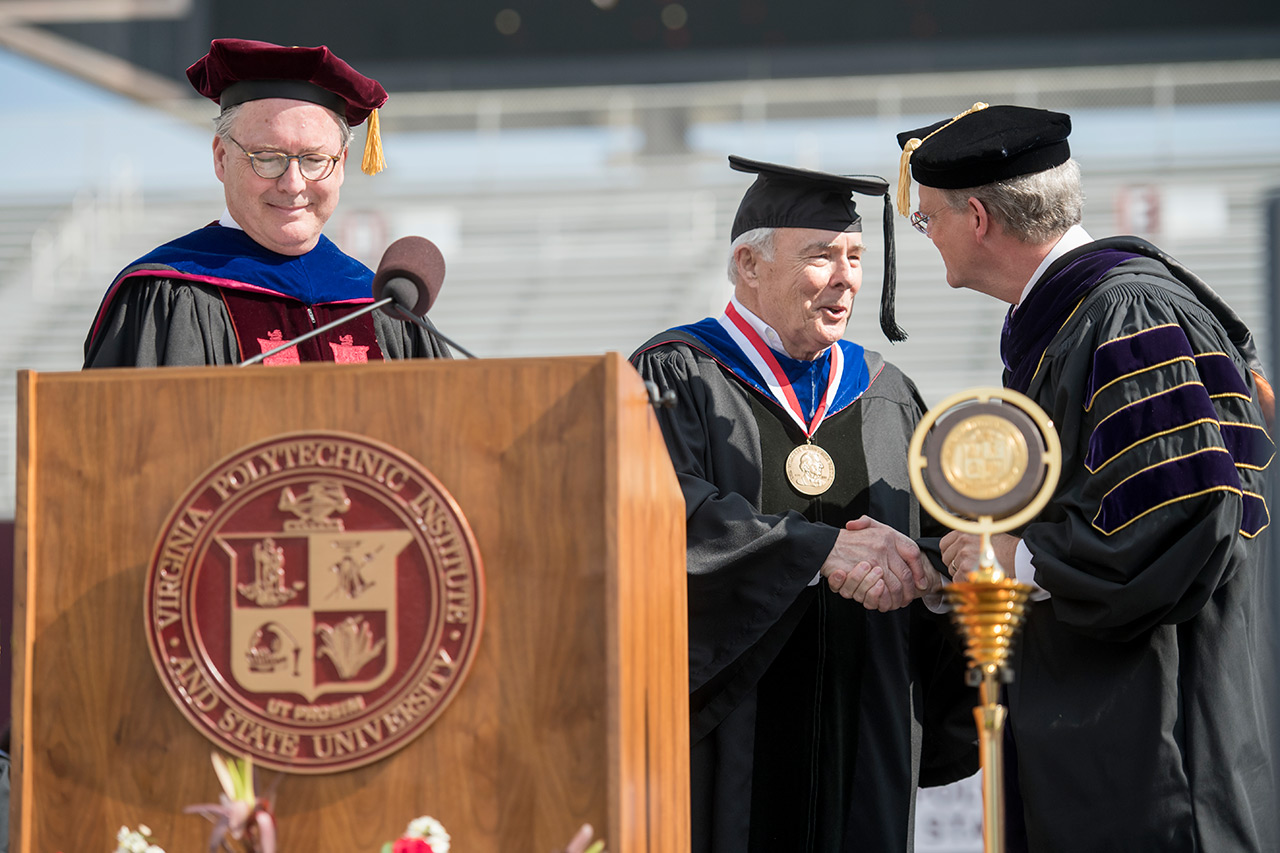 Leon Harris (center) shaking hands with Rector Dennis Treacy (right) after President Tim Sands (left) announced Harris as the recipient of 2018 William H. Ruffner Medal Leon Harris (center) shaking hands with Rector Dennis Treacy (right) after President Tim Sands (left) announced Harris as the recipient of 2018 William H. Ruffner Medal
