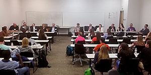 Members of the ISE Advisory Board conduct a Question & Answer session for ISE students. Members of the ISE Advisory Board conduct a Question & Answer session for ISE students.