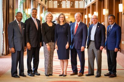 Dean Ross (middle) with the six 2023 Academy of Engineering Excellence inductees