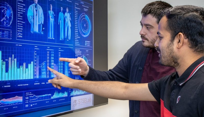 Topcu and Xames analyzing an example of a digital twin system dashboard.
