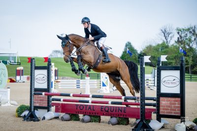 Horse jumping during an event.
