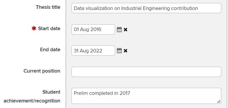 Thesis title, Start date, End date, Prelim