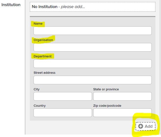 Type of information to populate Institution field