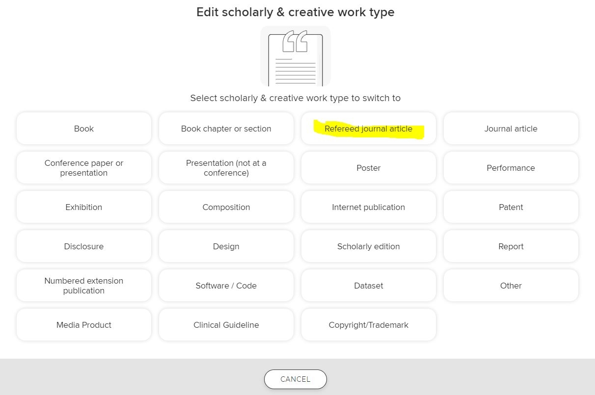 Refereed journal article type selected