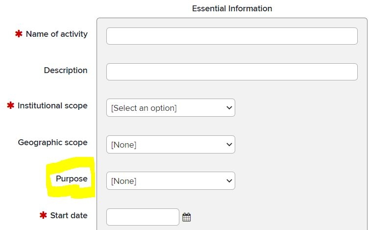 "Purpose" field under Other Professional Activity record