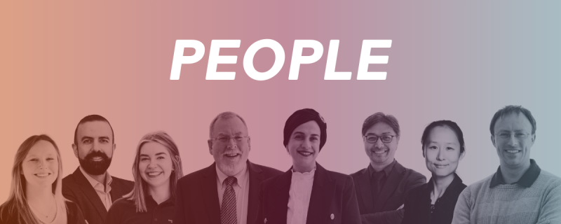 an orange, maroon, and teal color gradient over black and white collage-style images of faculty, students, alumni, and staff.