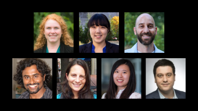This image shows the face shots of the people listed:  (left to right, top row) Shannon E. Bell, Koeun Choi, Alasdair Cohen, (left to right, bottom row) Eranga K. Galappaththi, Korine Kolivras, Jingqiu Liao, and Taylan Topcu